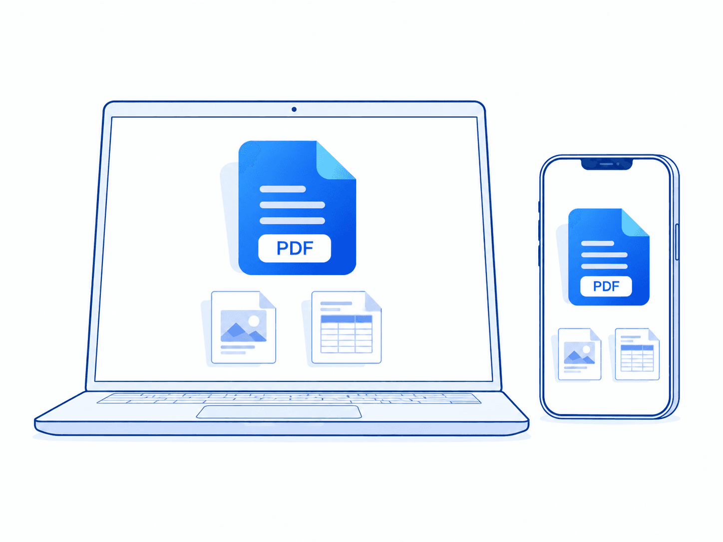 PDF Creator's blue document mark on a laptop and phone, showing support for both screen sizes