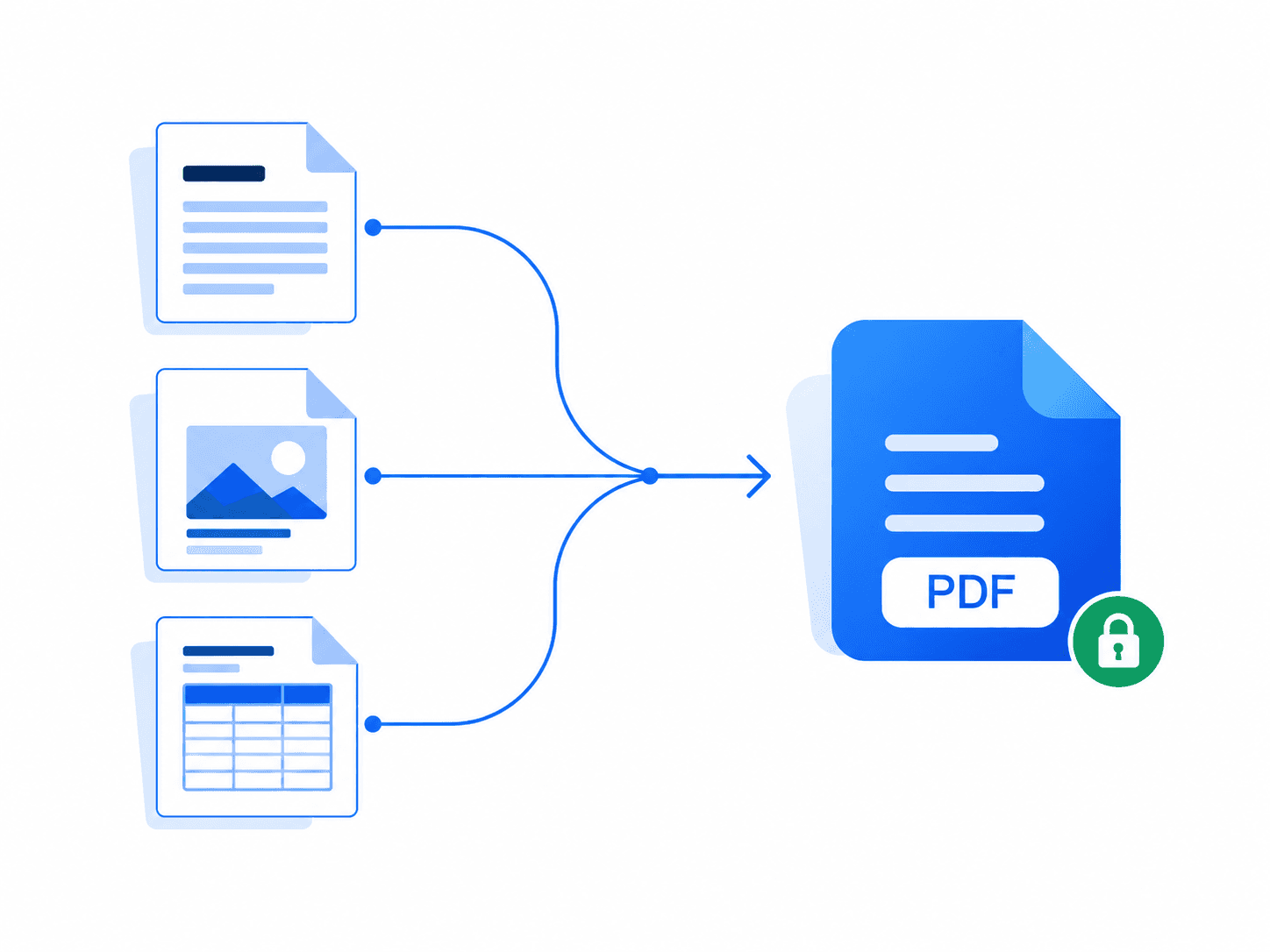 Text, image, and spreadsheet documents connect to the blue PDF Creator document mark with a privacy lock