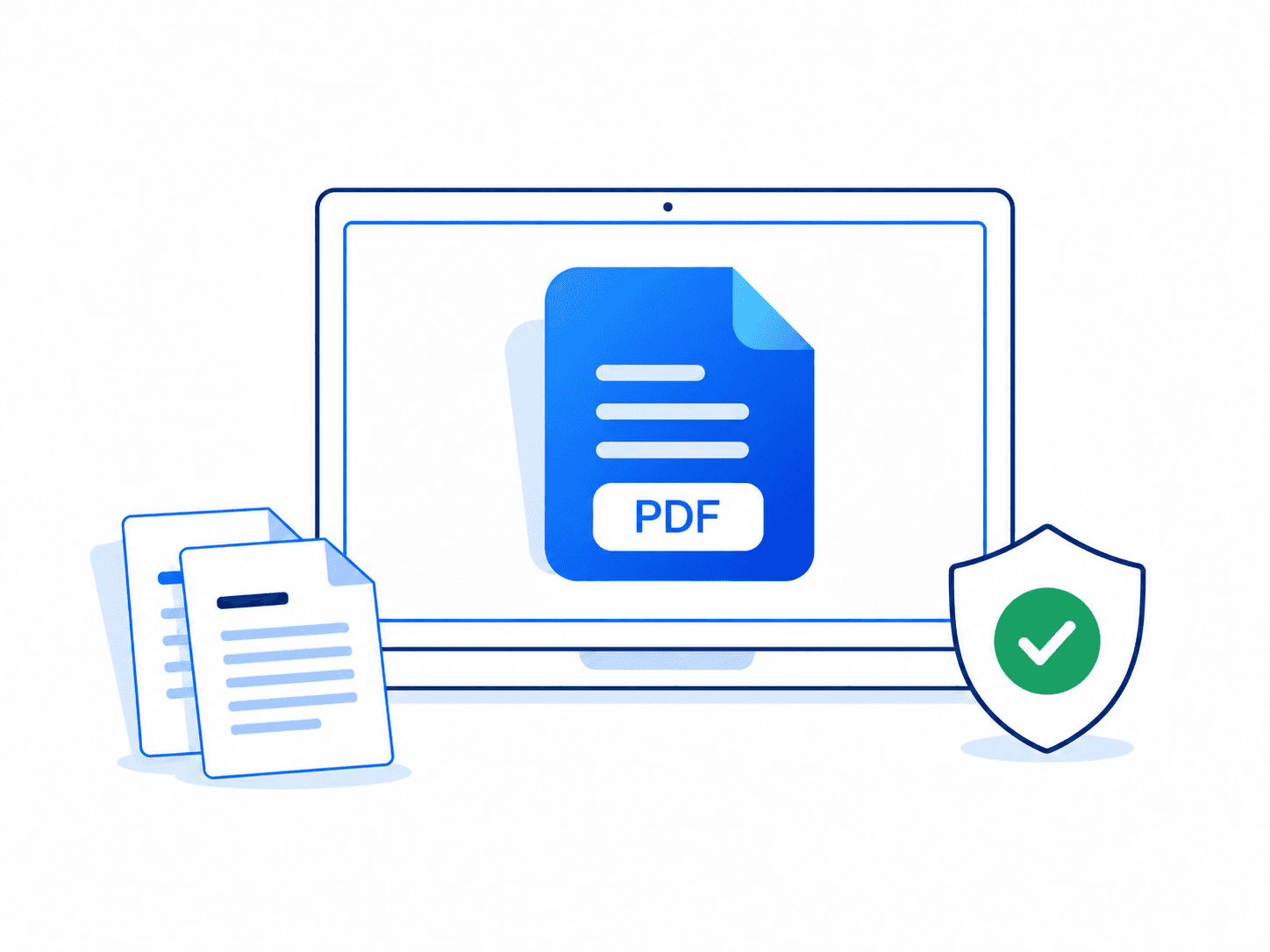 A PDF stays inside a laptop screen, accompanied by a shield representing local document processing